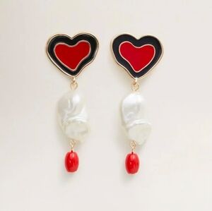 Mango Heart Stud Earrings With Pearl Drops. Red, Gold, White And Black